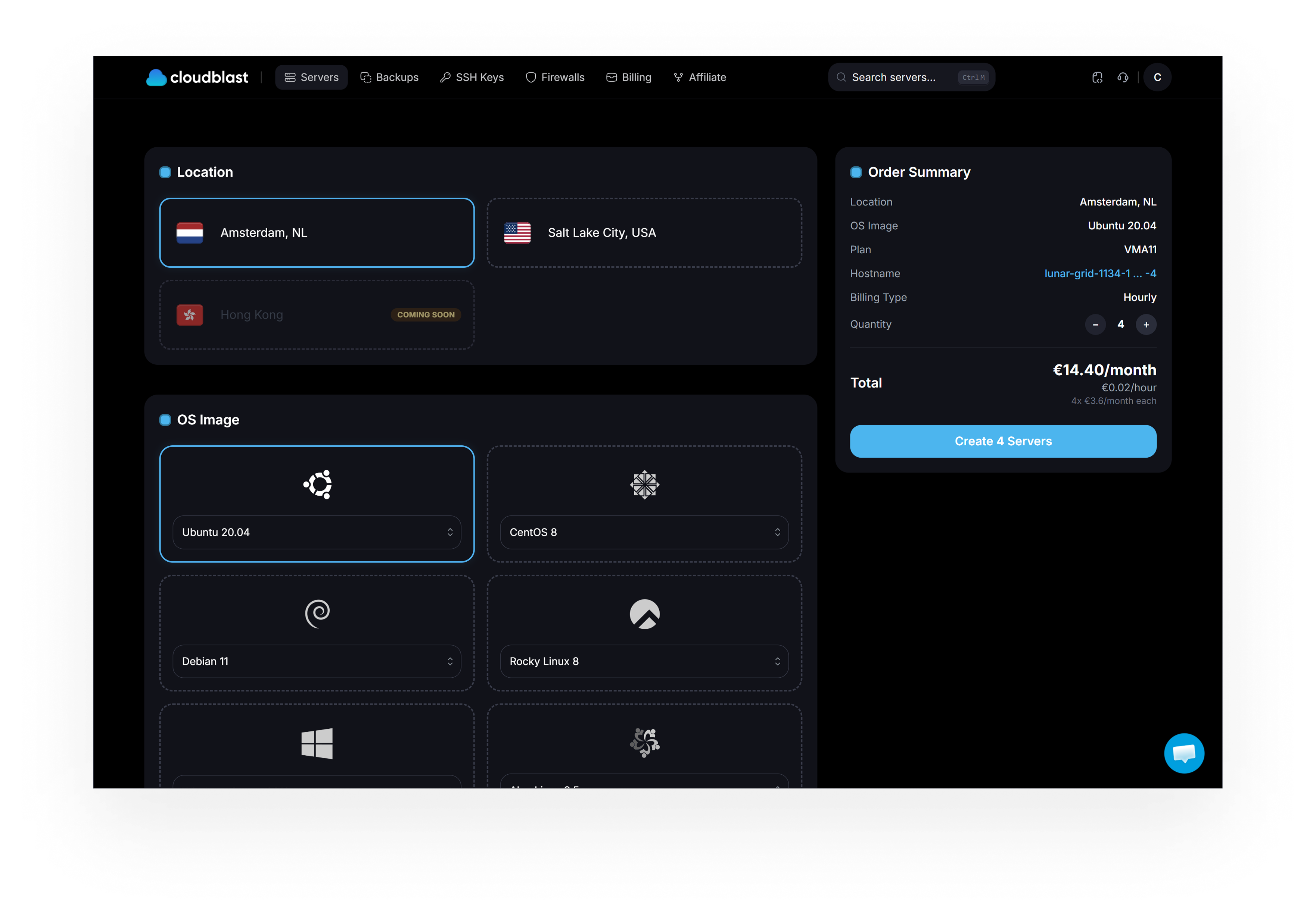 CloudBlast server creation dashboard