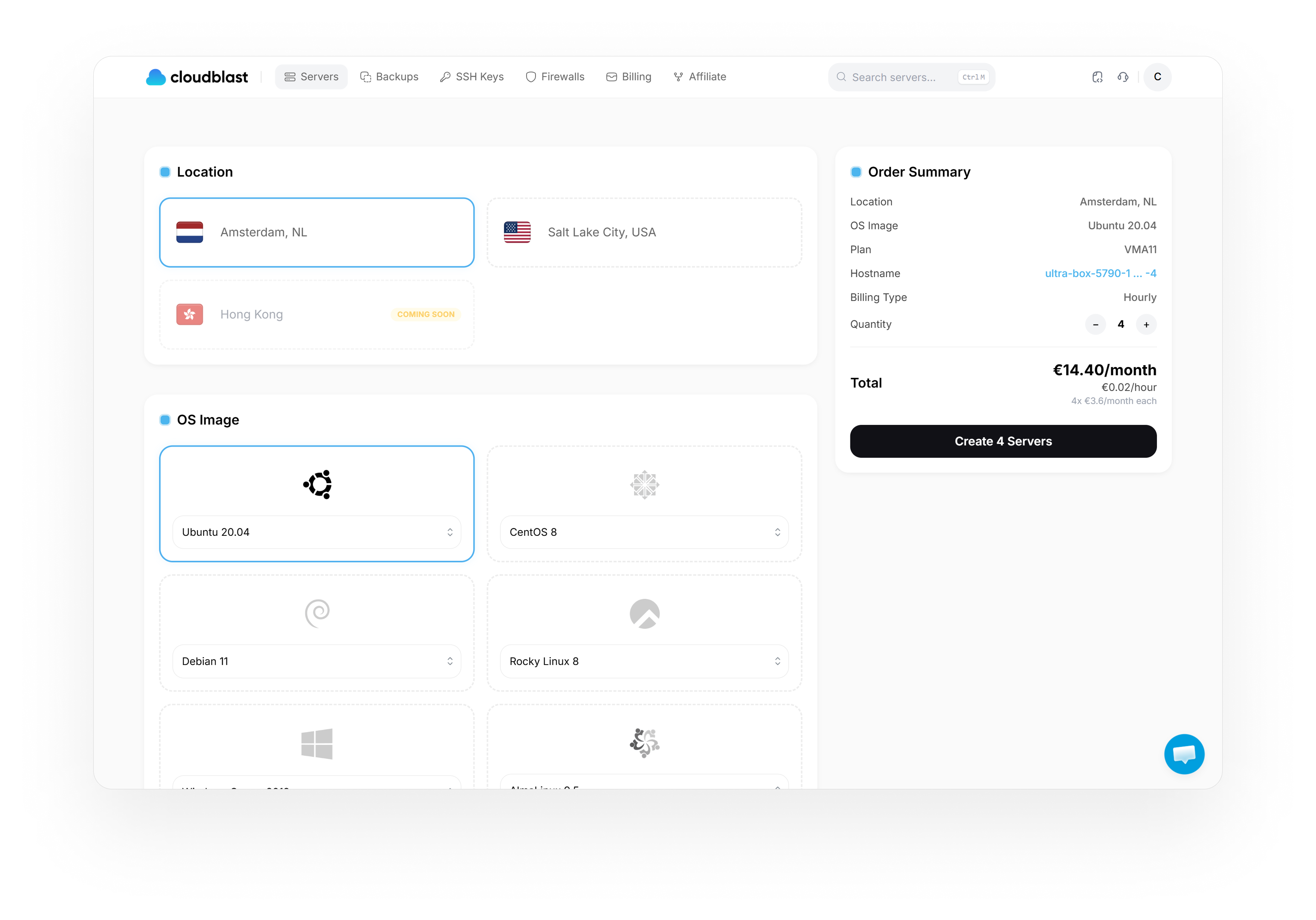 CloudBlast server creation dashboard